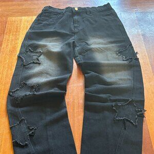 y2k/2000s vintage baggy wide leg star embroidered faded black skater jeans